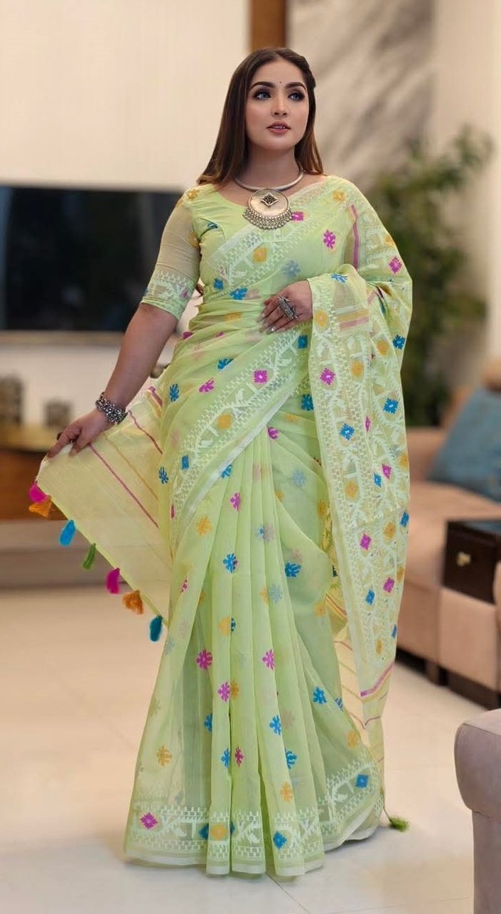 প্রিমিয়াম কোয়ালিটির জামদানী মোটিভ হাফ সিল্ক স্কিন প্রিন্ট শাড়ি + ব্লাউজ পিচ সহ (code-39) - Image 14