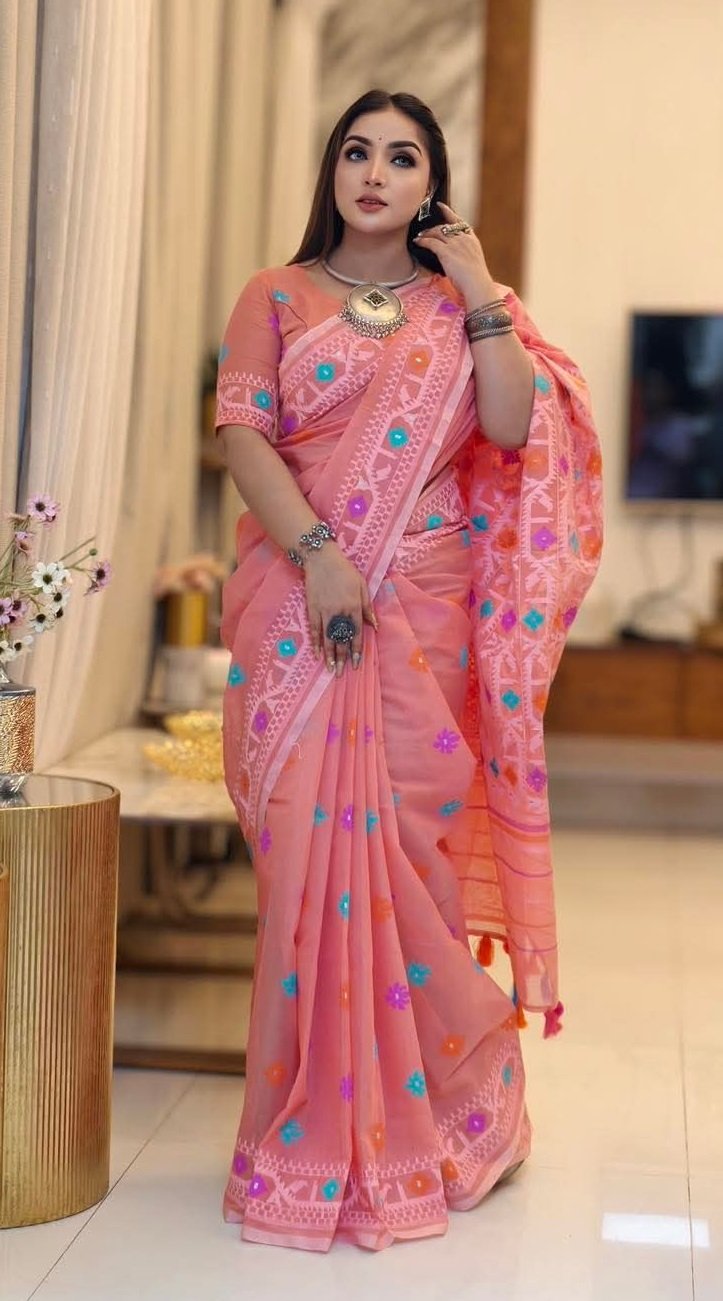 প্রিমিয়াম কোয়ালিটির জামদানী মোটিভ হাফ সিল্ক স্কিন প্রিন্ট শাড়ি + ব্লাউজ পিচ সহ (code-39) - Image 10