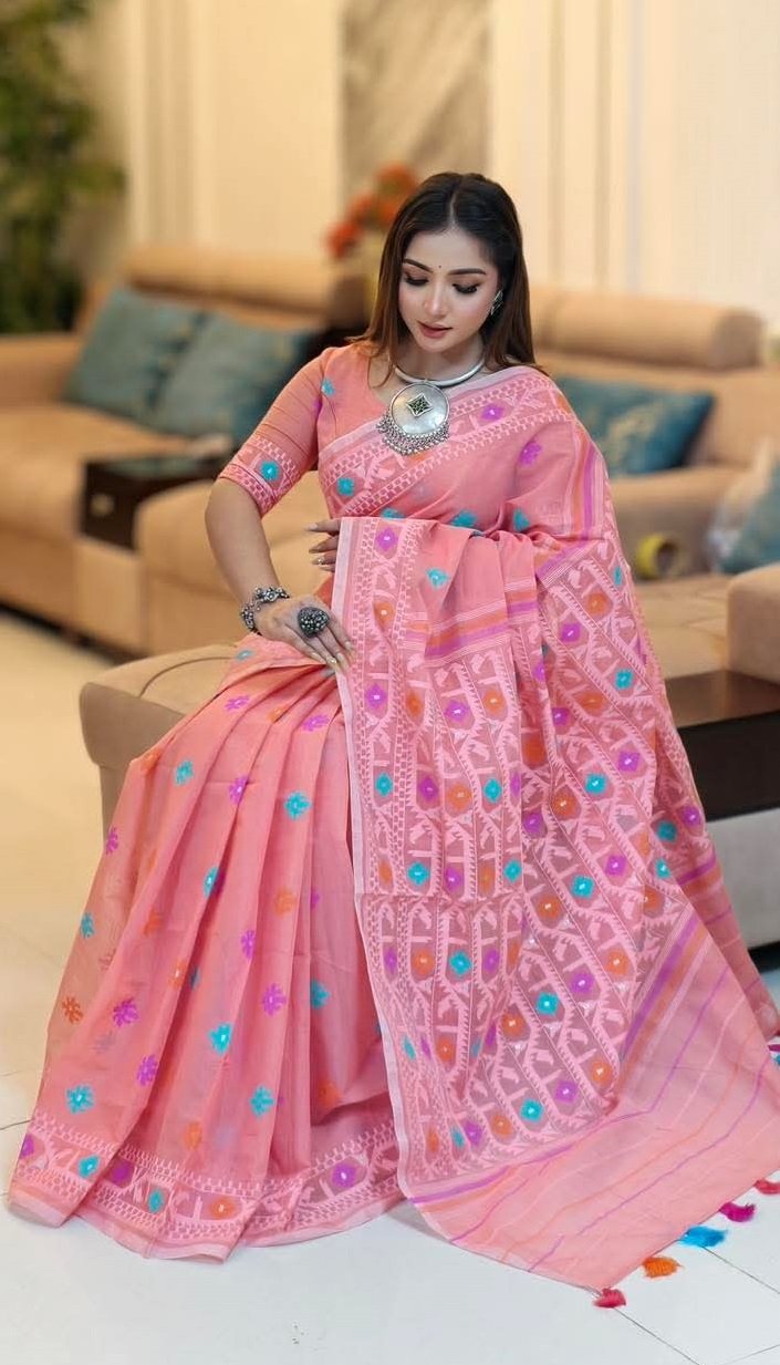 প্রিমিয়াম কোয়ালিটির জামদানী মোটিভ হাফ সিল্ক স্কিন প্রিন্ট শাড়ি + ব্লাউজ পিচ সহ (code-39) - Image 9