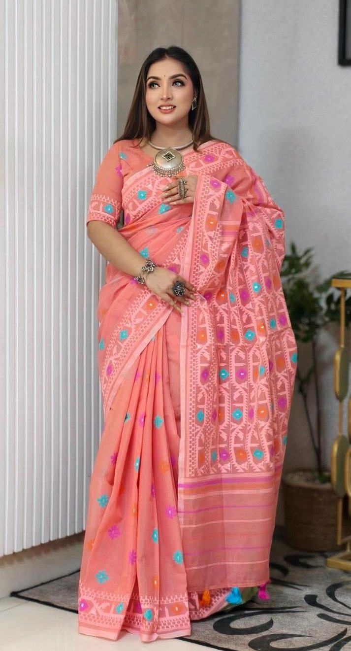 প্রিমিয়াম কোয়ালিটির জামদানী মোটিভ হাফ সিল্ক স্কিন প্রিন্ট শাড়ি + ব্লাউজ পিচ সহ (code-39) - Image 8