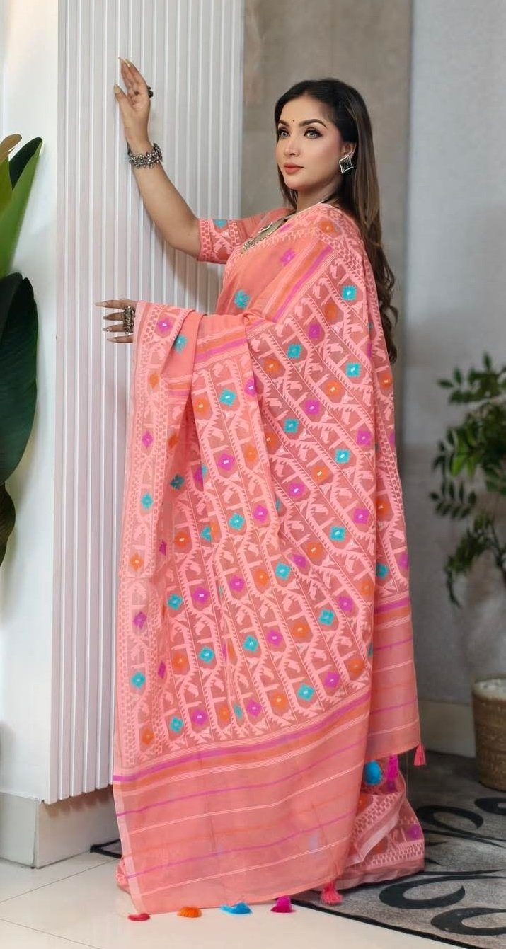 প্রিমিয়াম কোয়ালিটির জামদানী মোটিভ হাফ সিল্ক স্কিন প্রিন্ট শাড়ি + ব্লাউজ পিচ সহ (code-39) - Image 12